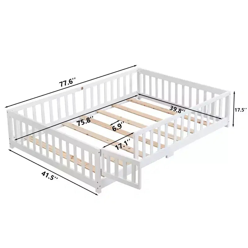 Lit jumeau Okak avec tête de lit, cadre de lit plateforme en bois massif avec clôture, adapté aux enfants, bois de pin, blanc
