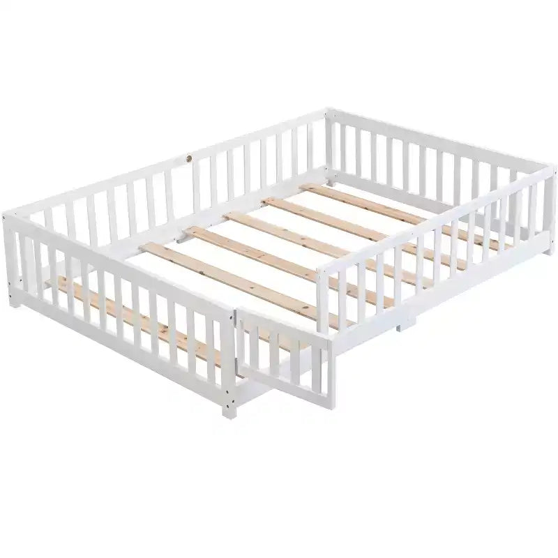 Lit jumeau Okak avec tête de lit, cadre de lit plateforme en bois massif avec clôture, adapté aux enfants, bois de pin, blanc