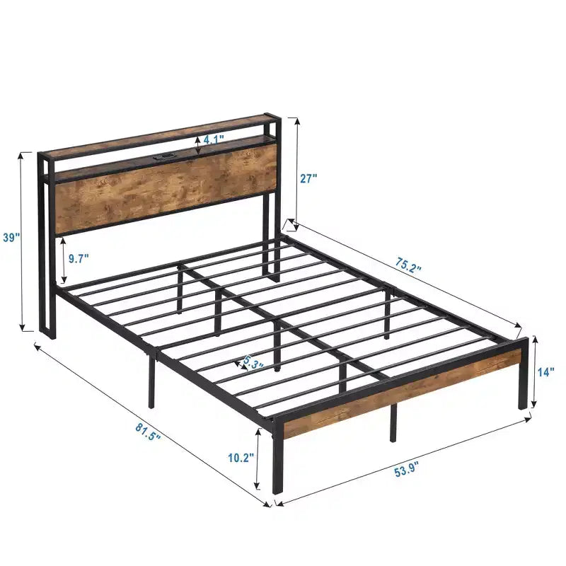 Cadre de lit plateforme en métal pleine grandeur Okak avec tête et pied de lit en bois, cadre de lit moderne avec revêtement USB pour chambre à coucher, noir