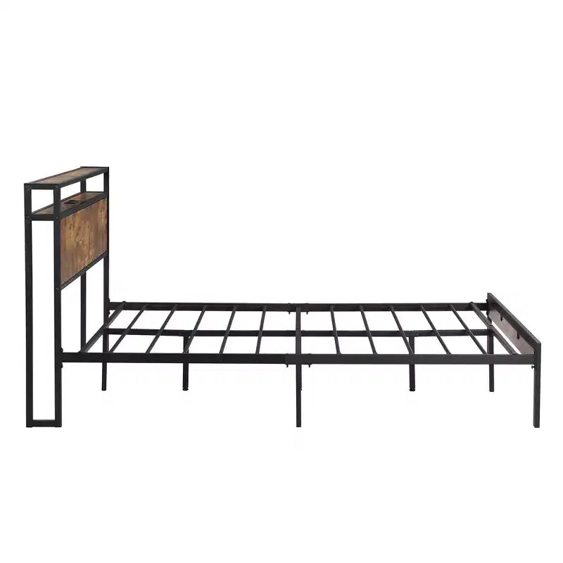 Cadre de lit plateforme en métal pleine grandeur Okak avec tête et pied de lit en bois, cadre de lit moderne avec revêtement USB pour chambre à coucher, noir