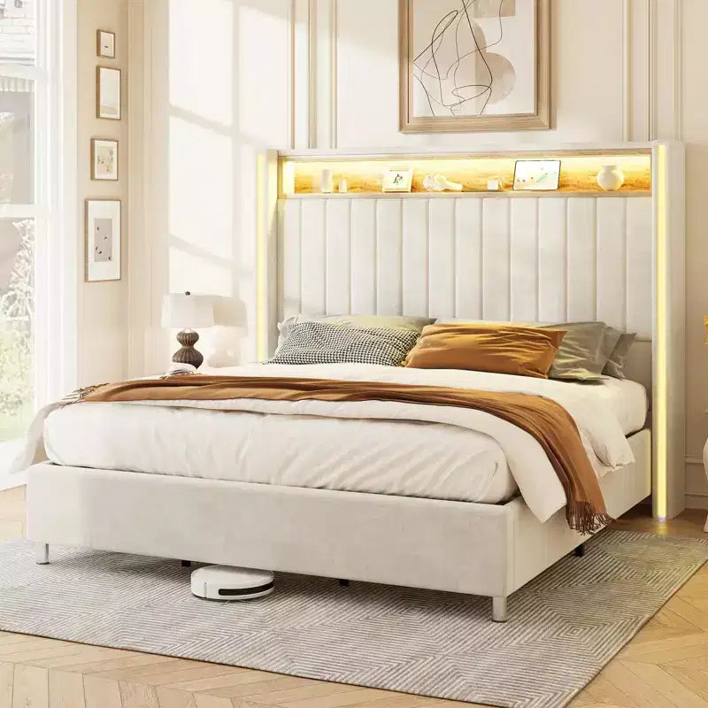 Cadre de lit avec lumières LED et station de recharge, tête de lit haute de 53 pouces avec rangement