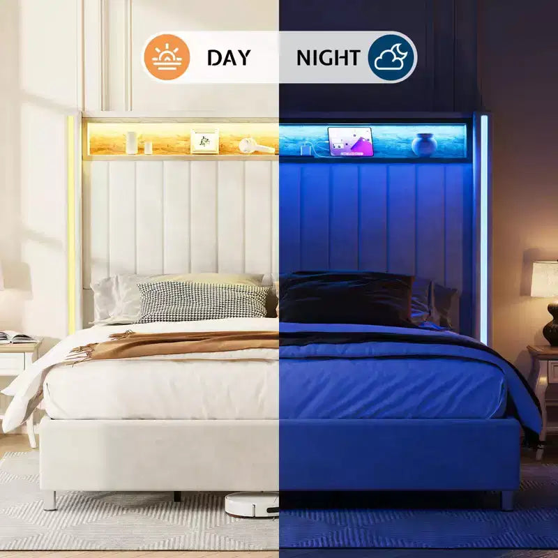 Cadre de lit avec lumières LED et station de recharge, tête de lit haute de 53 pouces avec rangement