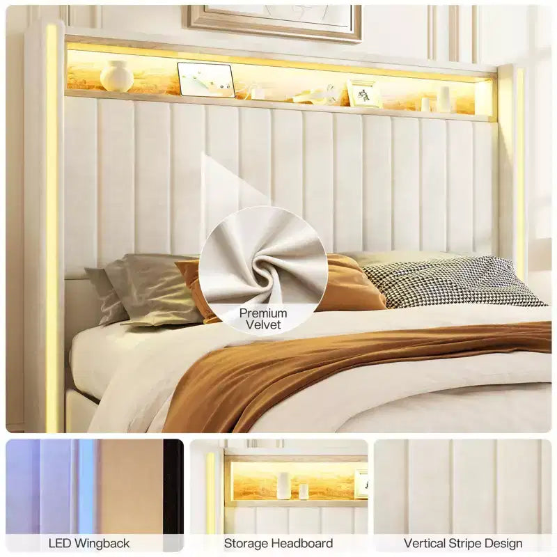 Cadre de lit avec lumières LED et station de recharge, tête de lit haute de 53 pouces avec rangement