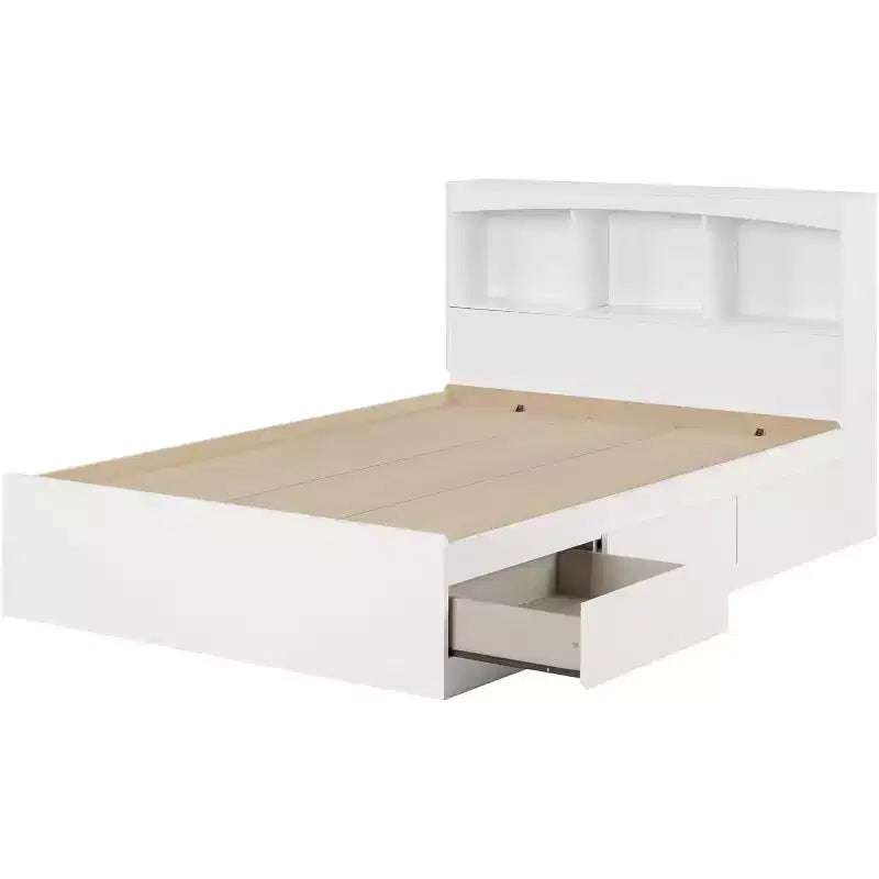 HomeStock Lit double blanc de 14,75 po de haut avec rangements, en panneaux de particules