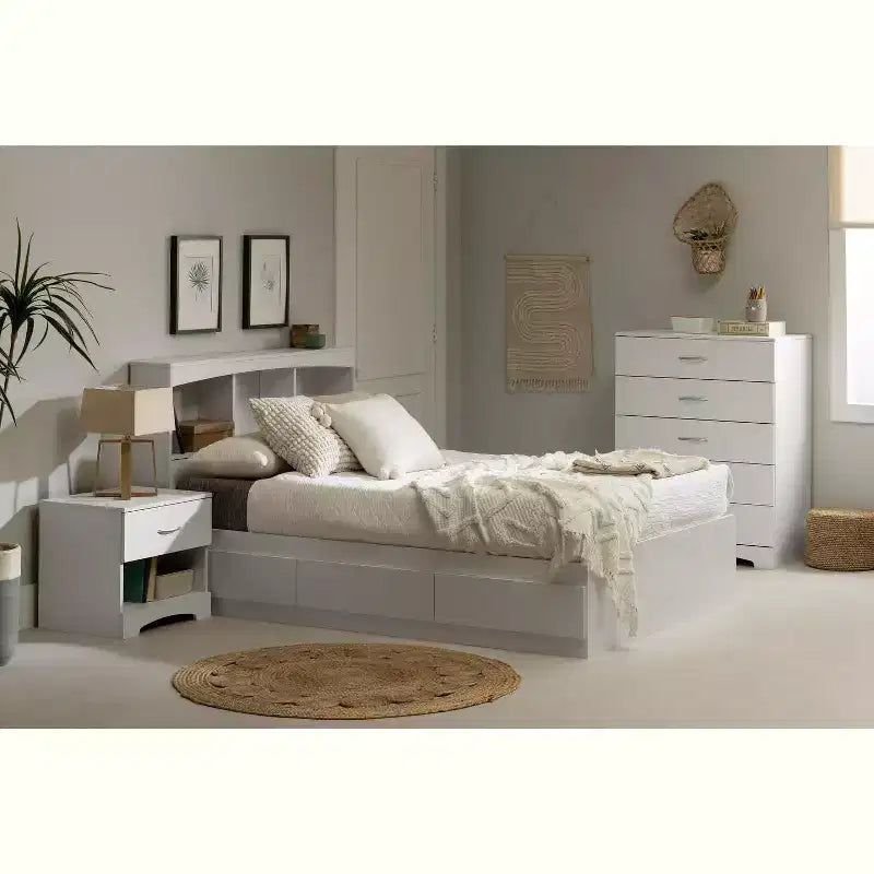 HomeStock Lit double blanc de 14,75 po de haut avec rangements, en panneaux de particules