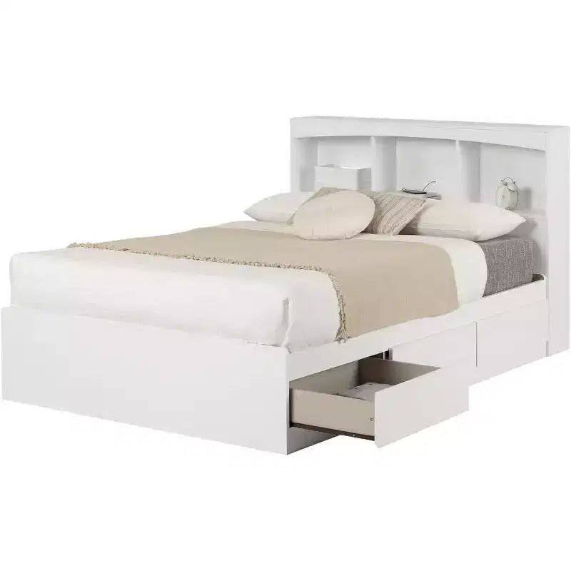 HomeStock Lit double blanc de 14,75 po de haut avec rangements, en panneaux de particules