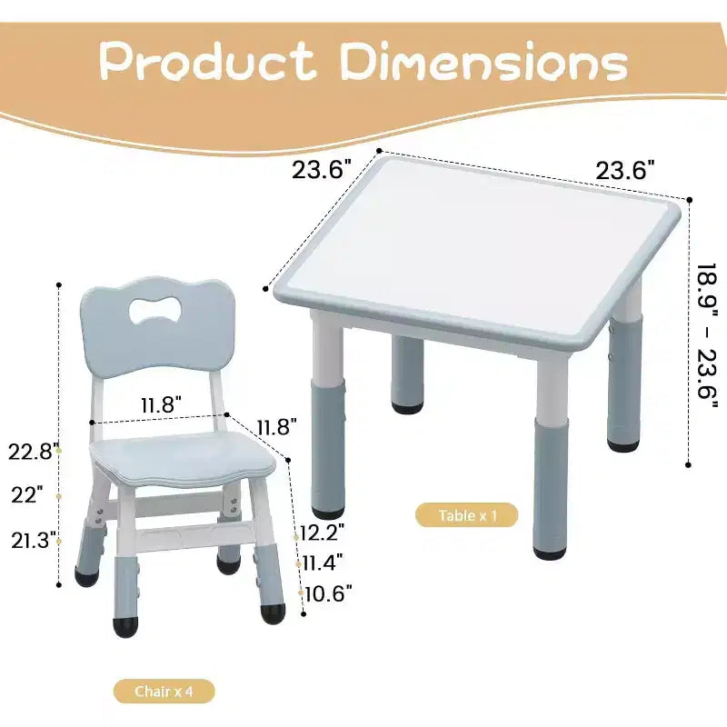 Ensemble table et 4 chaises pour enfants avec plateau en panneaux de particules, réglable en hauteur, patin antidérapant, ensemble repas compact et plateau durable