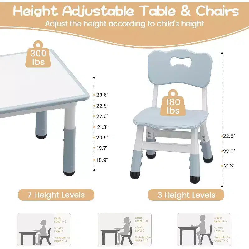 Ensemble table et 4 chaises pour enfants avec plateau en panneaux de particules, réglable en hauteur, patin antidérapant, ensemble repas compact et plateau durable