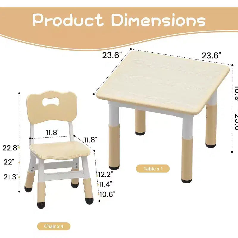 Ensemble table et 4 chaises pour enfants avec plateau en panneaux de particules, réglable en hauteur, patin antidérapant, ensemble repas compact et plateau durable