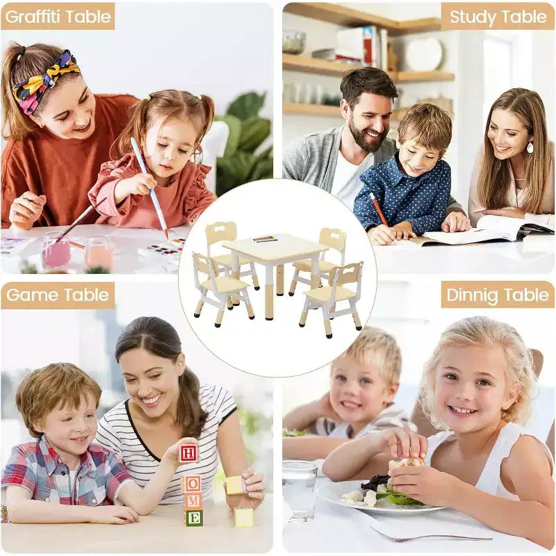 Ensemble table et 4 chaises pour enfants avec plateau en panneaux de particules, réglable en hauteur, patin antidérapant, ensemble repas compact et plateau durable