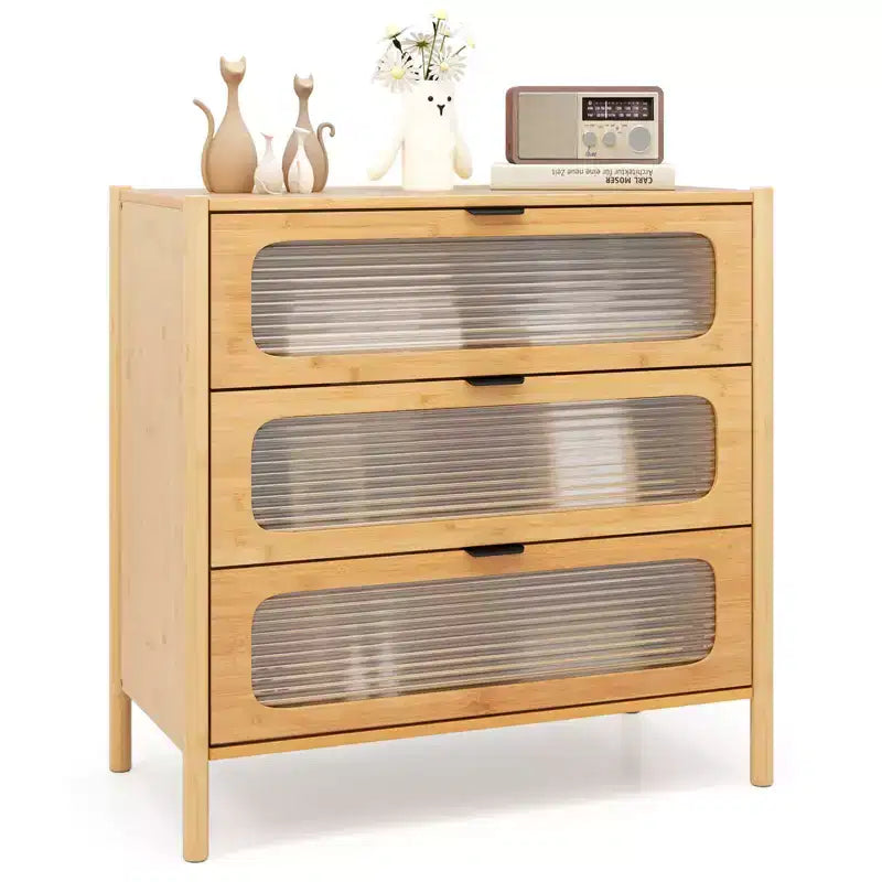 Commode à 3 tiroirs Costway avec façades en verre trempé cannelé Meuble de rangement en bambou