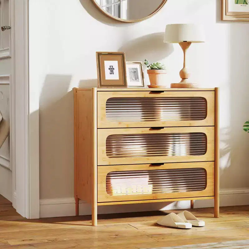 Commode à 3 tiroirs Costway avec façades en verre trempé cannelé Meuble de rangement en bambou