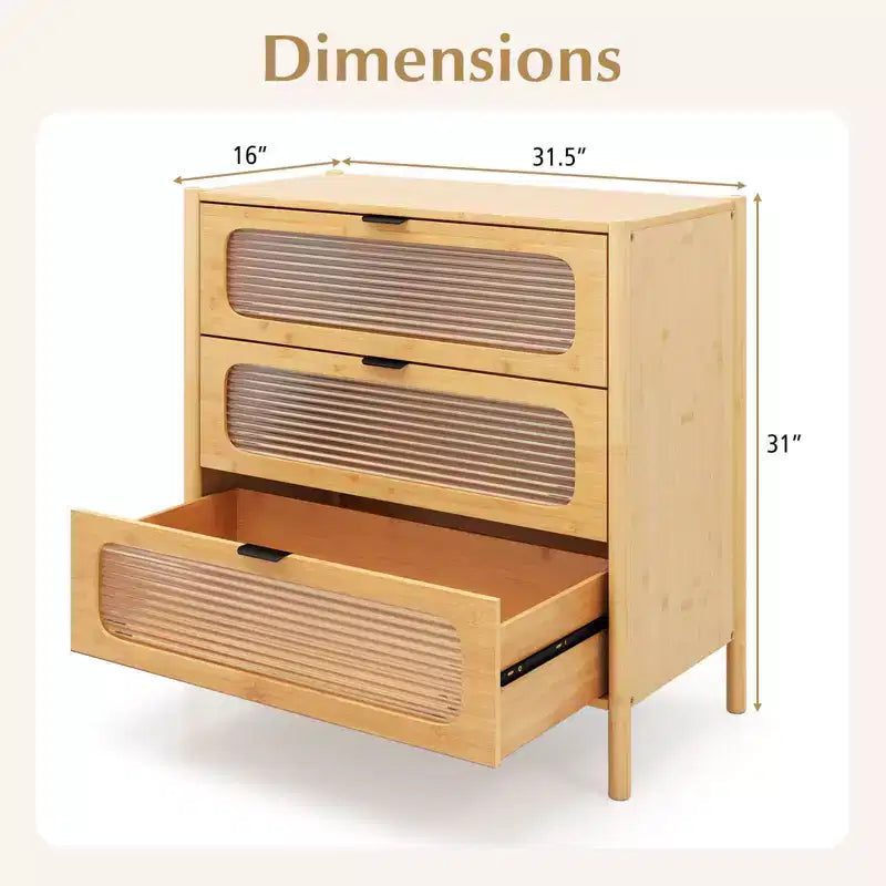 Commode à 3 tiroirs Costway avec façades en verre trempé cannelé Meuble de rangement en bambou