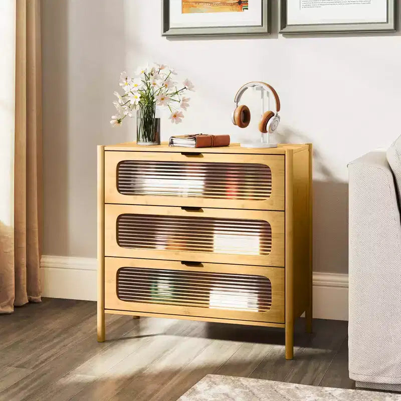 Commode à 3 tiroirs Costway avec façades en verre trempé cannelé Meuble de rangement en bambou