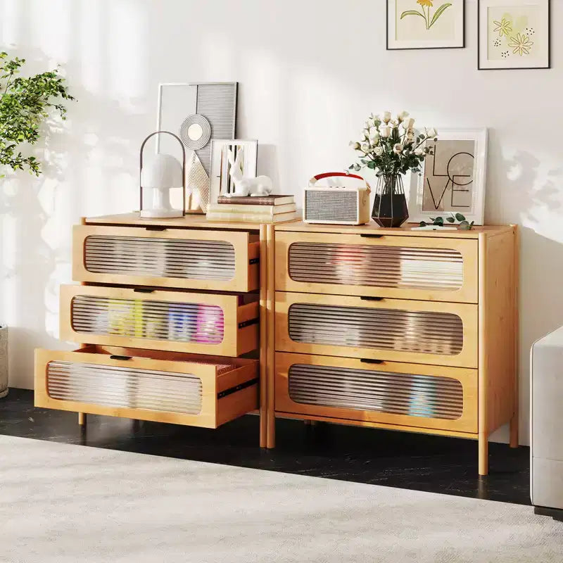 Commode à 3 tiroirs Costway avec façades en verre trempé cannelé Meuble de rangement en bambou