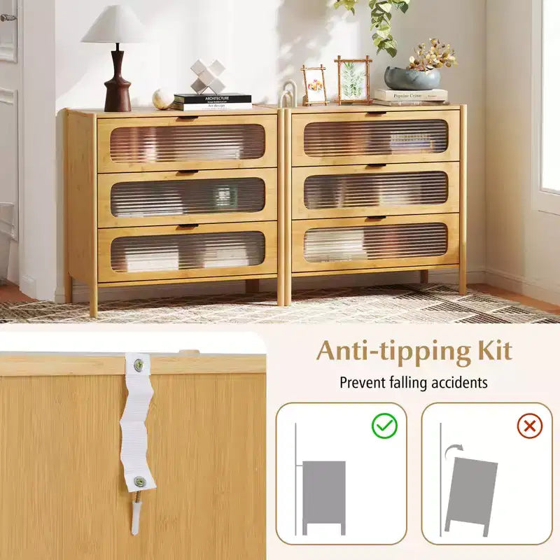 Commode à 3 tiroirs Costway avec façades en verre trempé cannelé Meuble de rangement en bambou