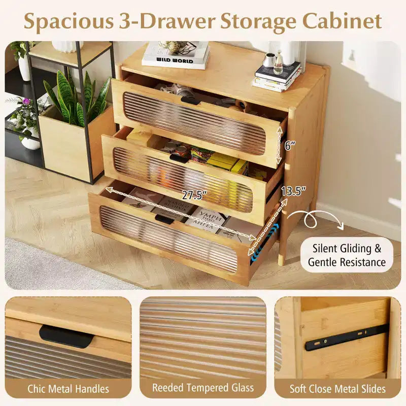 Commode à 3 tiroirs Costway avec façades en verre trempé cannelé Meuble de rangement en bambou