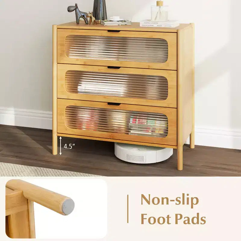 Commode à 3 tiroirs Costway avec façades en verre trempé cannelé Meuble de rangement en bambou
