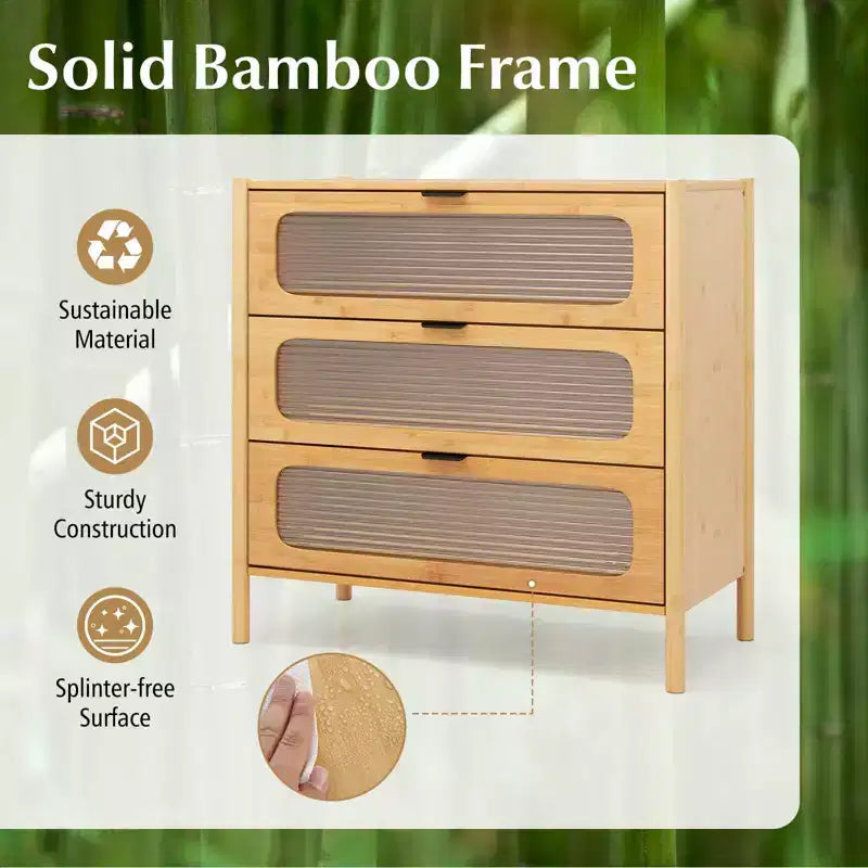 Commode à 3 tiroirs Costway avec façades en verre trempé cannelé Meuble de rangement en bambou