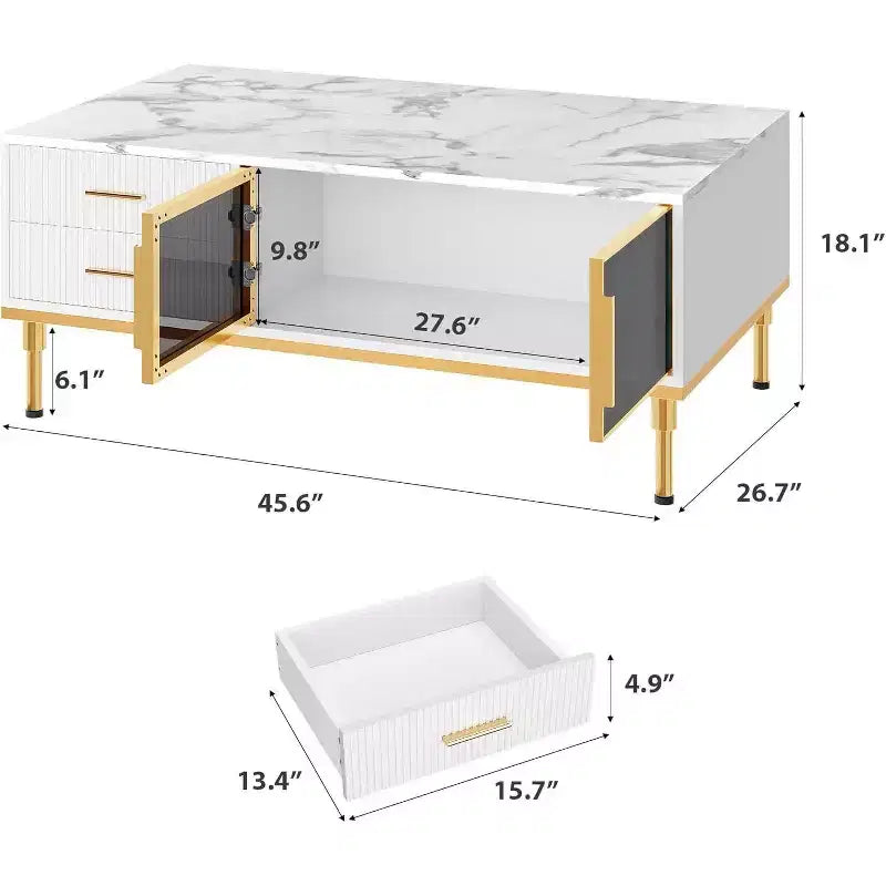 Table basse Acekool en faux marbre, table basse rectangulaire cannelée avec 4 tiroirs, 4 portes en verre, table centrale moderne en bois avec pieds en métal