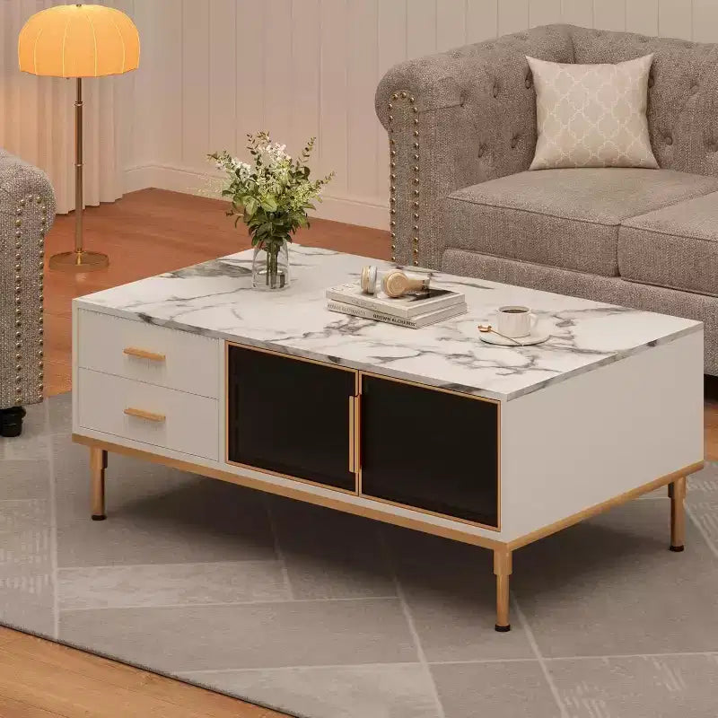 Table basse Acekool en faux marbre, table basse rectangulaire cannelée avec 4 tiroirs, 4 portes en verre, table centrale moderne en bois avec pieds en métal