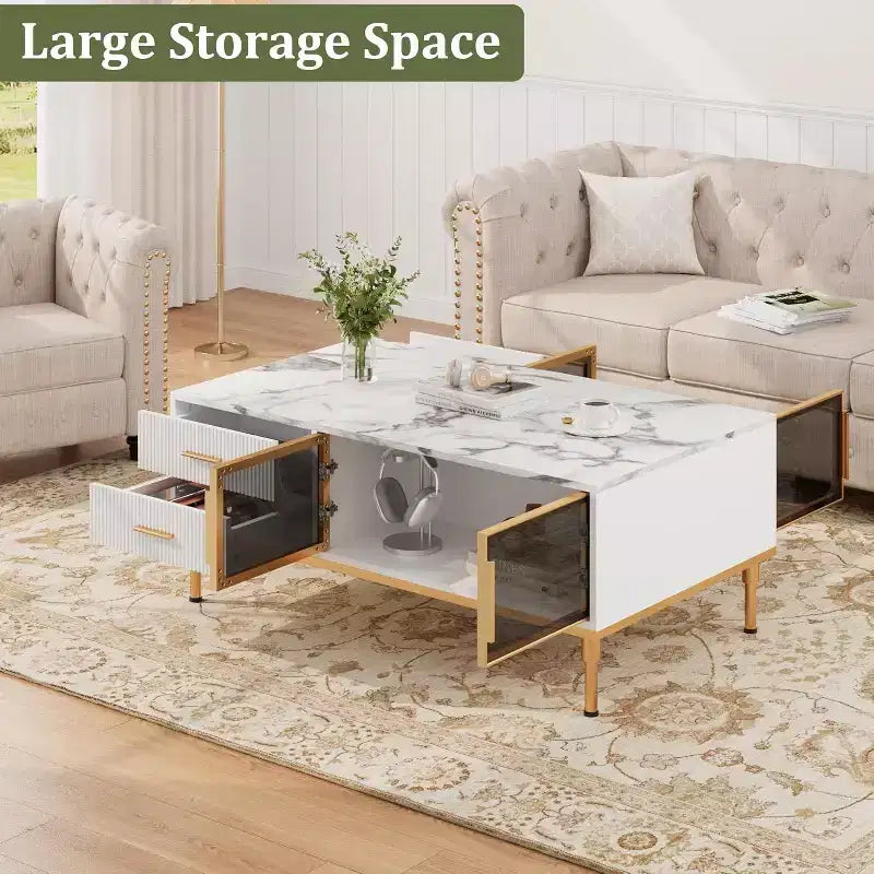 Table basse Acekool en faux marbre, table basse rectangulaire cannelée avec 4 tiroirs, 4 portes en verre, table centrale moderne en bois avec pieds en métal