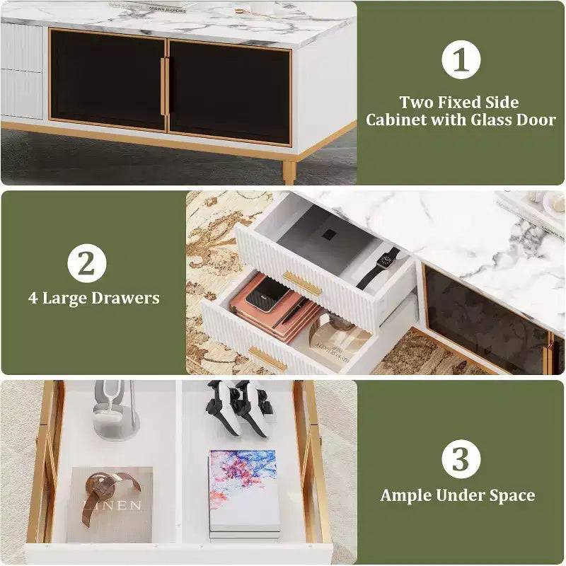 Table basse Acekool en faux marbre, table basse rectangulaire cannelée avec 4 tiroirs, 4 portes en verre, table centrale moderne en bois avec pieds en métal