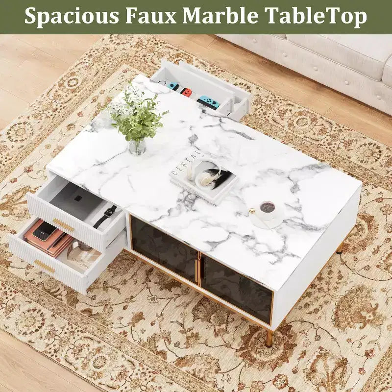 Table basse Acekool en faux marbre, table basse rectangulaire cannelée avec 4 tiroirs, 4 portes en verre, table centrale moderne en bois avec pieds en métal