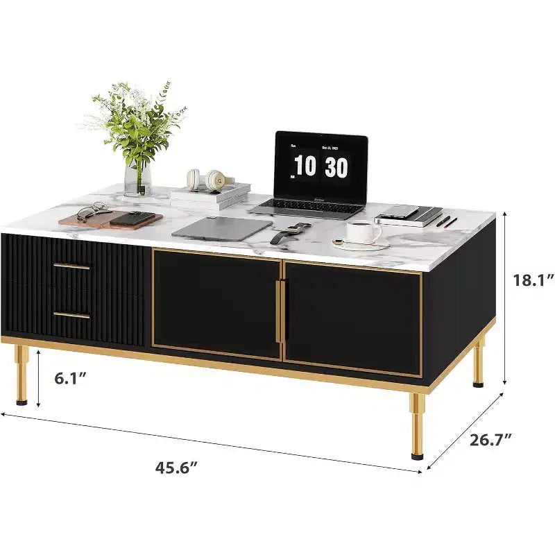 Table basse Acekool en faux marbre, table basse rectangulaire cannelée avec 4 tiroirs, 4 portes en verre, table centrale moderne en bois avec pieds en métal