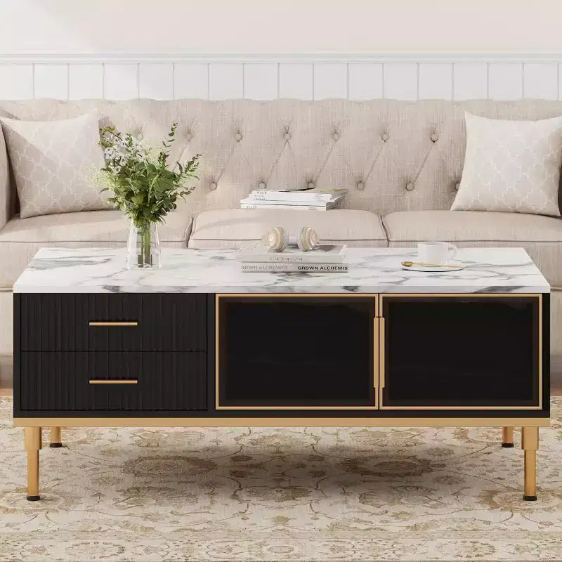 Table basse Acekool en faux marbre, table basse rectangulaire cannelée avec 4 tiroirs, 4 portes en verre, table centrale moderne en bois avec pieds en métal