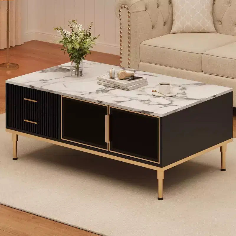 Table basse Acekool en faux marbre, table basse rectangulaire cannelée avec 4 tiroirs, 4 portes en verre, table centrale moderne en bois avec pieds en métal