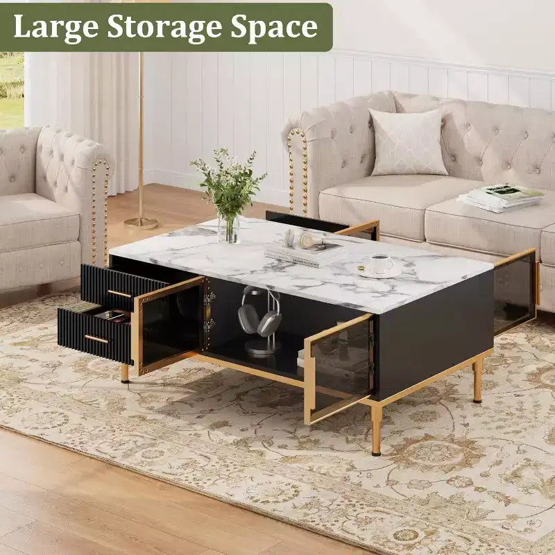 Table basse Acekool en faux marbre, table basse rectangulaire cannelée avec 4 tiroirs, 4 portes en verre, table centrale moderne en bois avec pieds en métal