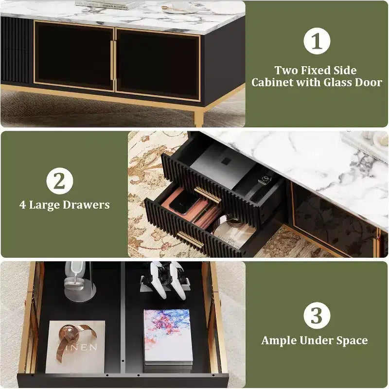 Table basse Acekool en faux marbre, table basse rectangulaire cannelée avec 4 tiroirs, 4 portes en verre, table centrale moderne en bois avec pieds en métal