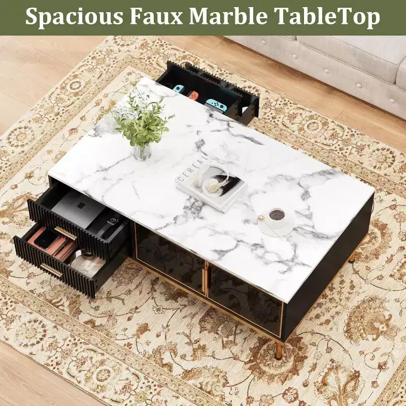 Table basse Acekool en faux marbre, table basse rectangulaire cannelée avec 4 tiroirs, 4 portes en verre, table centrale moderne en bois avec pieds en métal