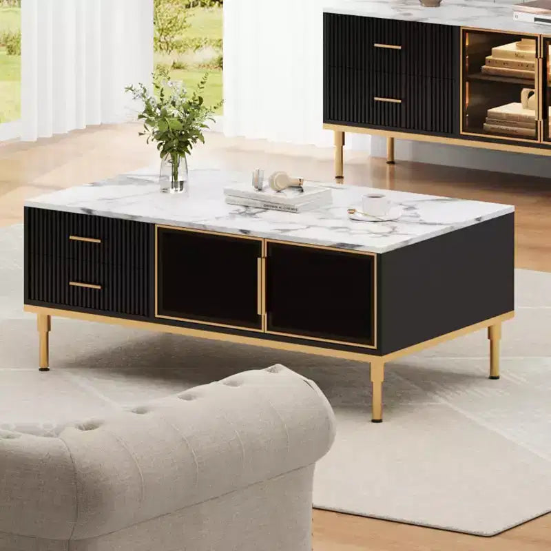 Table basse Acekool en faux marbre, table basse rectangulaire cannelée avec 4 tiroirs, 4 portes en verre, table centrale moderne en bois avec pieds en métal