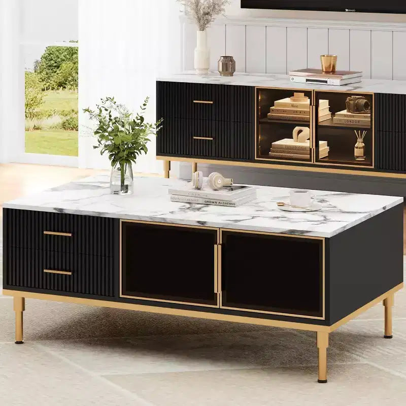 Acekool Faux Marble Coffee Table, Rectangle Fluted Cocktail Table with 4 Drawers, 4 Glass Doors, Modern Wooden Center Table with Metal Legs