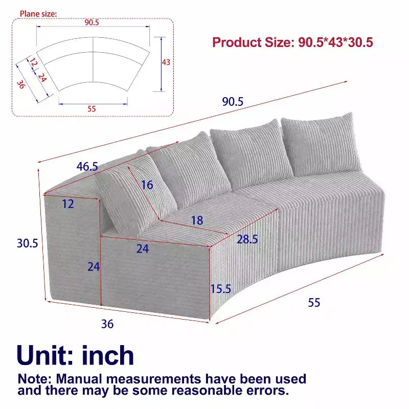 Canapé sectionnel MAYEERTY en velours côtelé incurvé et modulaire, avec 4 coussins, 2 modules, pour salon