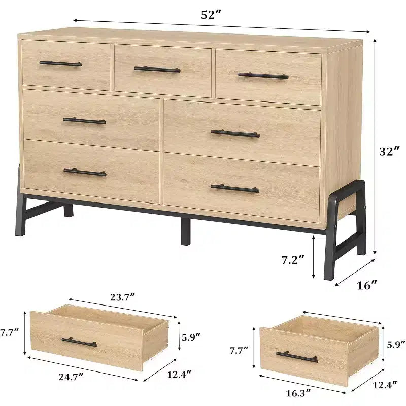 Commode de 52 po de large, commode à 7 tiroirs pour chambre à coucher, armoire de rangement en bois, pour salon, chambre à coucher, entrée