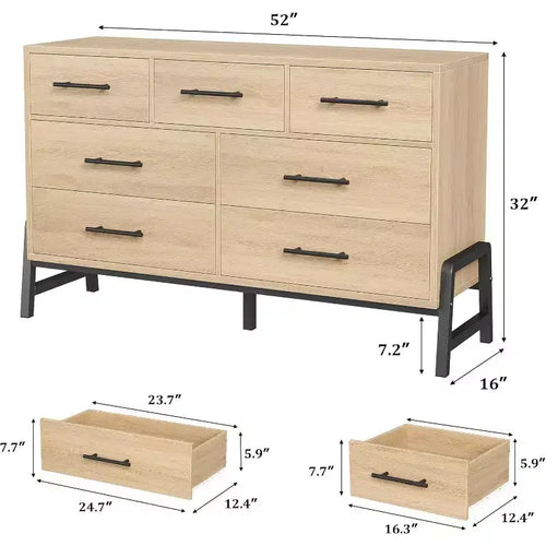 Commode de 52 po de large, commode à 7 tiroirs pour chambre à coucher, armoire de rangement en bois, pour salon, chambre à coucher, entrée