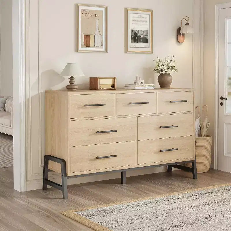 Commode de 52 po de large, commode à 7 tiroirs pour chambre à coucher, armoire de rangement en bois, pour salon, chambre à coucher, entrée