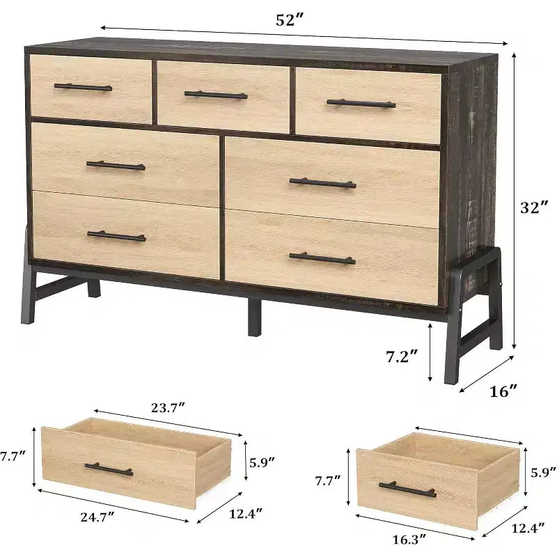 Commode de 52 po de large, commode à 7 tiroirs pour chambre à coucher, armoire de rangement en bois, pour salon, chambre à coucher, entrée
