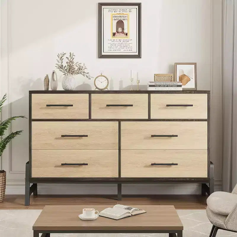 Commode de 52 po de large, commode à 7 tiroirs pour chambre à coucher, armoire de rangement en bois, pour salon, chambre à coucher, entrée