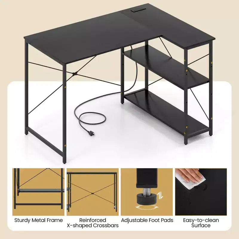 Bureau d'ordinateur Costway en forme de L avec prises de courant, étagère réglable, cadre métallique robuste, marron/blanc/noir