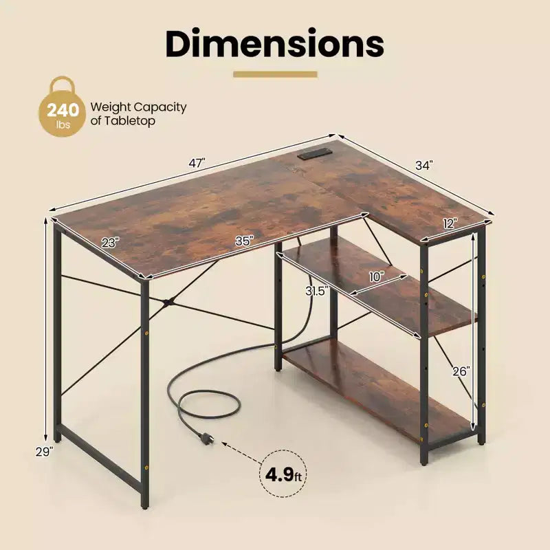 Bureau d'ordinateur Costway en forme de L avec prises de courant, étagère réglable, cadre métallique robuste, marron/blanc/noir