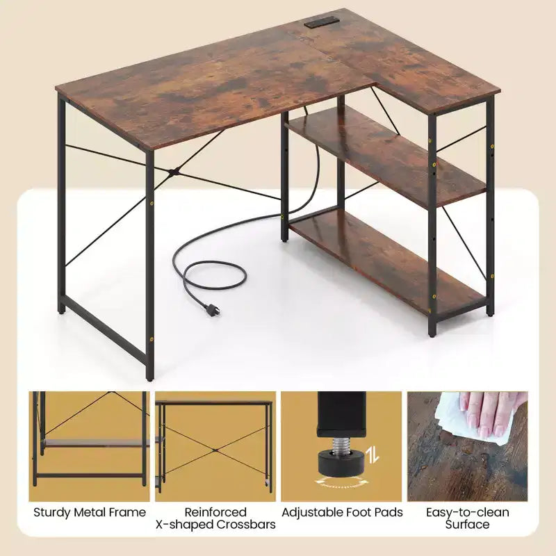Bureau d'ordinateur Costway en forme de L avec prises de courant, étagère réglable, cadre métallique robuste, marron/blanc/noir