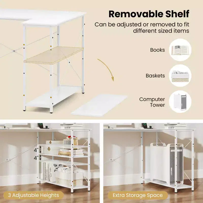 Bureau d'ordinateur Costway en forme de L avec prises de courant, étagère réglable, cadre métallique robuste, marron/blanc/noir