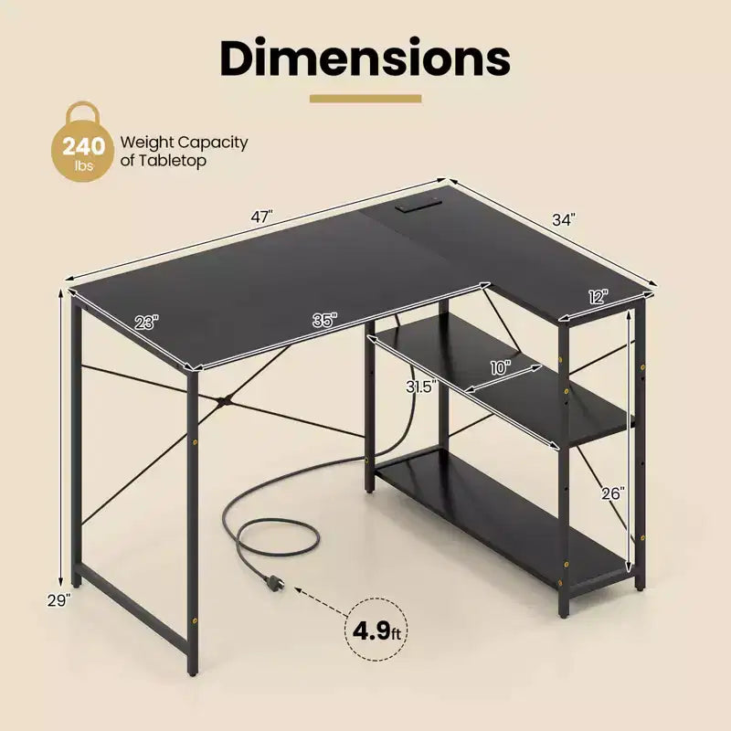 Bureau d'ordinateur Costway en forme de L avec prises de courant, étagère réglable, cadre métallique robuste, marron/blanc/noir