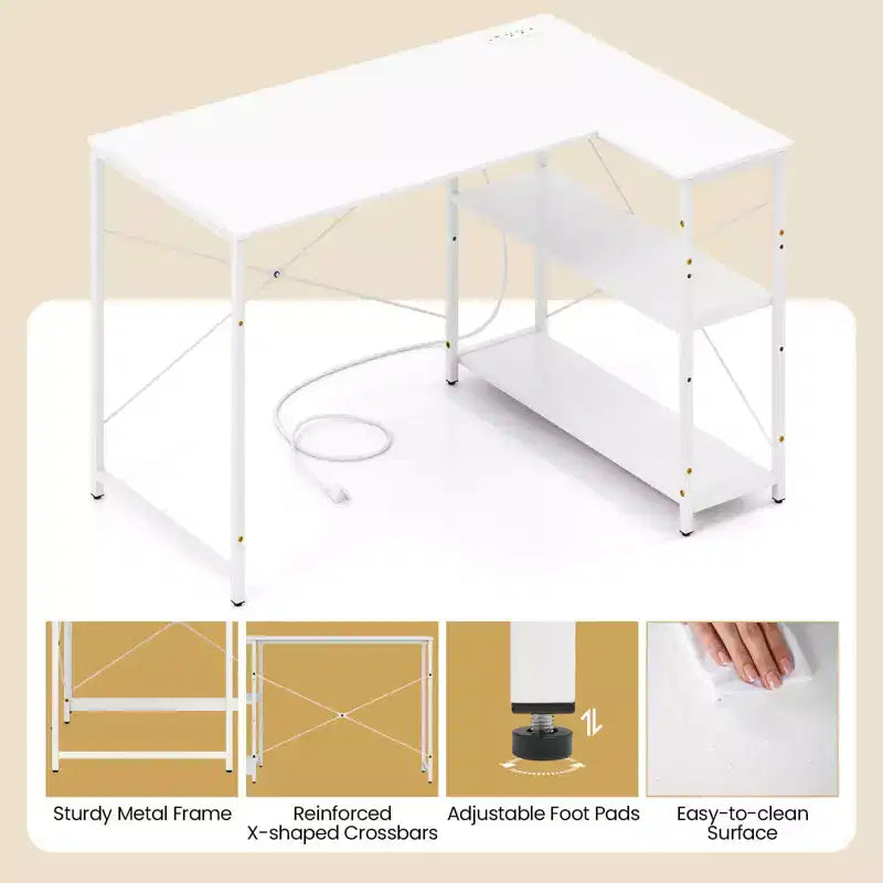 Bureau d'ordinateur Costway en forme de L avec prises de courant, étagère réglable, cadre métallique robuste, marron/blanc/noir