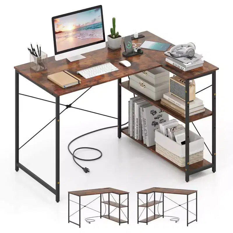 Bureau d'ordinateur Costway en forme de L avec prises de courant, étagère réglable, cadre métallique robuste, marron/blanc/noir