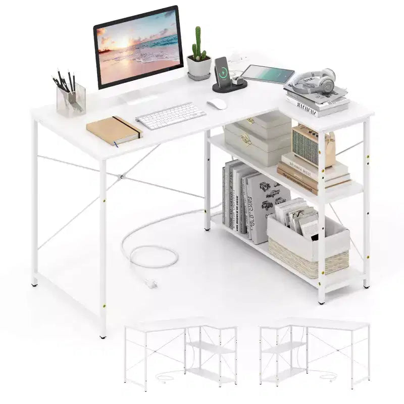 Bureau d'ordinateur Costway en forme de L avec prises de courant, étagère réglable, cadre métallique robuste, marron/blanc/noir